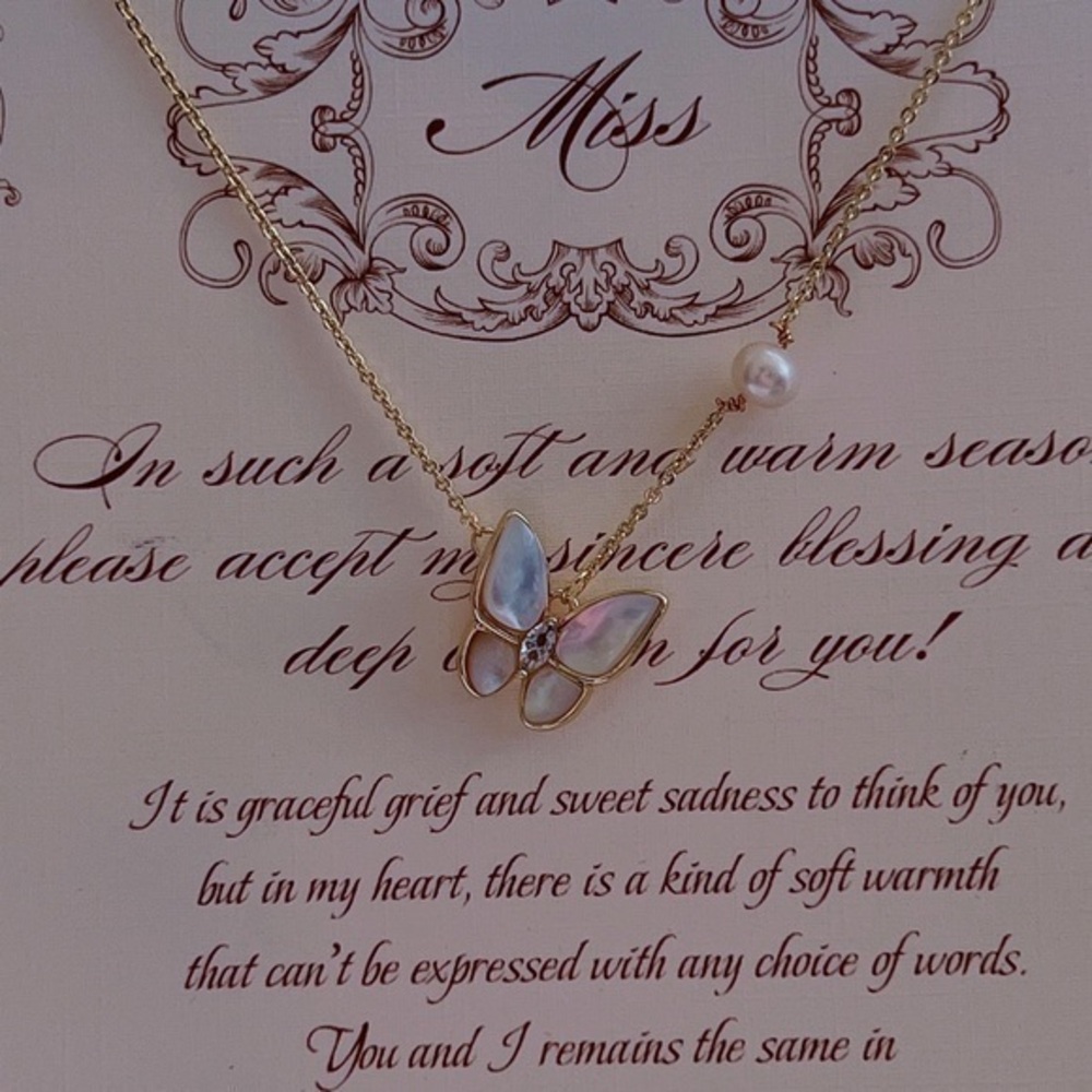 18K Gold Vermeil Fresh water Pearl & Mother of Pearl Butterfly Necklace